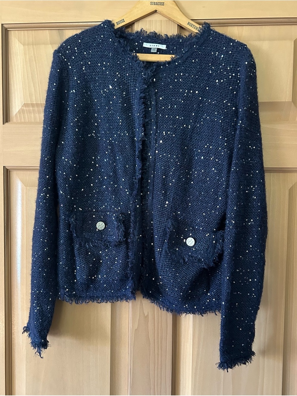 Sioni Sequin Sparkle Fringe Trim Cardigan Jacket - Navy Large Holiday Glam